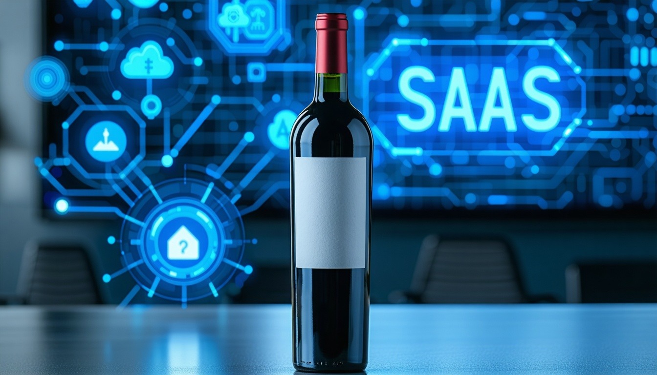 A sleek wine bottle with a digital overlay represe